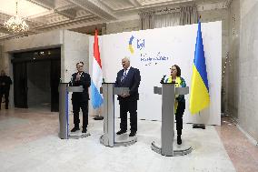 Press conference of Andrii Sybiha, Xavier Bettel and Yuriko Backes in Kyiv